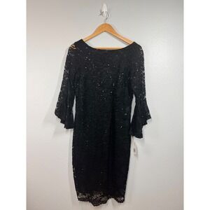 NWT NEIMAN MARCUS Black Lace Sequins Bell Sleeve Sheath Cocktail Dress Size 8